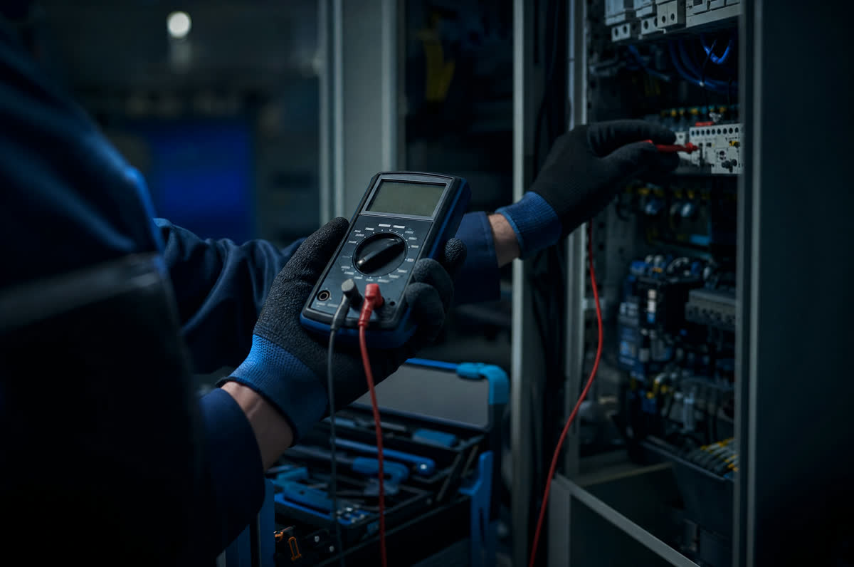 Technik s multimetrom pri rozvádzači