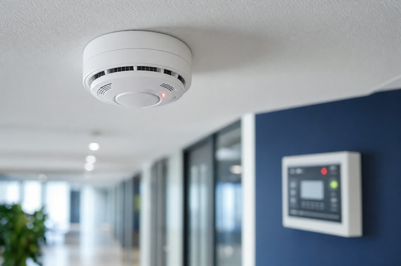 Dymový hlásič na strope kancelárie – elektrická požiarna signalizácia